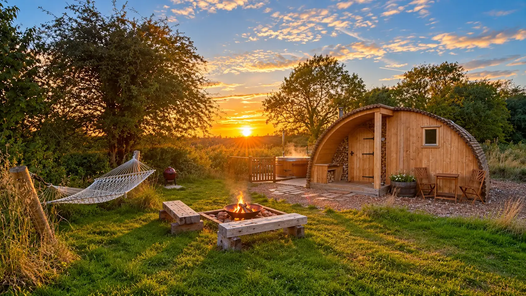 Wooden lodge beside the canal at sunset, with a private hot tub and lit fire pit